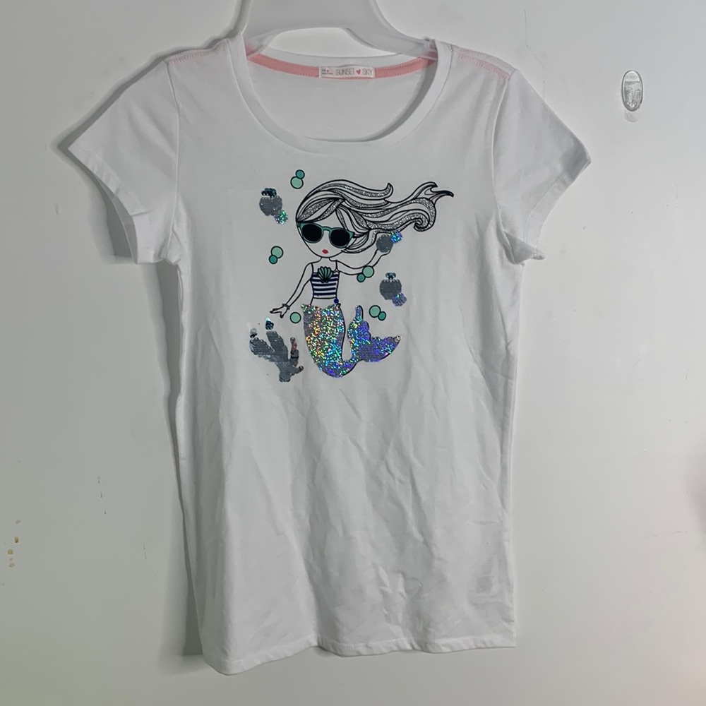 Sunset Skt White T-Shirt Kids (Girls) with Mermaid Design (Reversible Sequence)